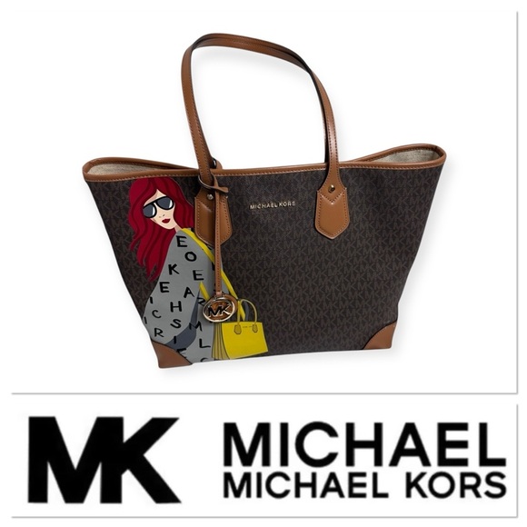 Michael Kors signature brown two handle tote bag with unique graphic  on front - Picture 1 of 13